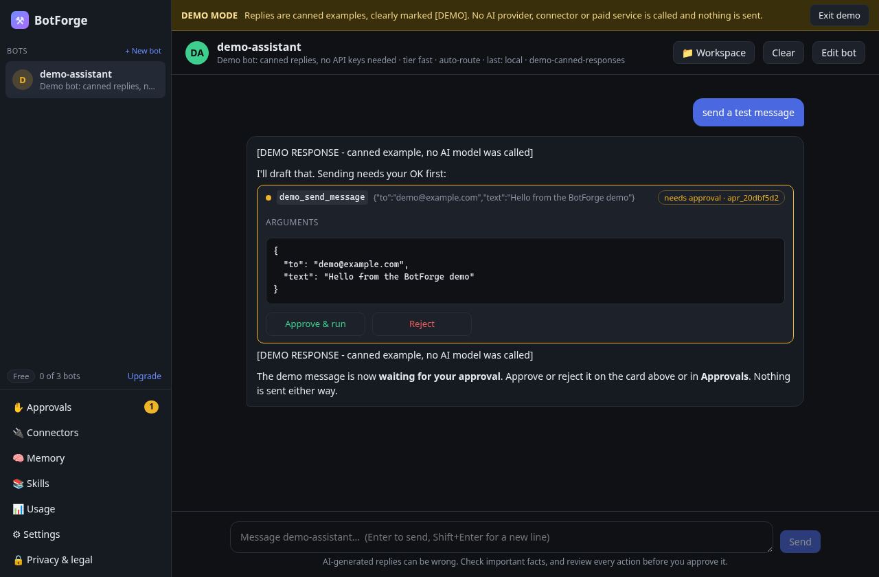 Okaycrew chat: a bot drafts a message and waits for approval before sending
